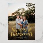 Happy Hanukkah Hand drawn Leaves Snow Photo Foil Holiday Card<br><div class="desc">Stylish,  elegant and personalised; featuring your photo with handwritten styled type accented by hand drawn pine leaves and berries. The back features a festive snow pattern.</div>