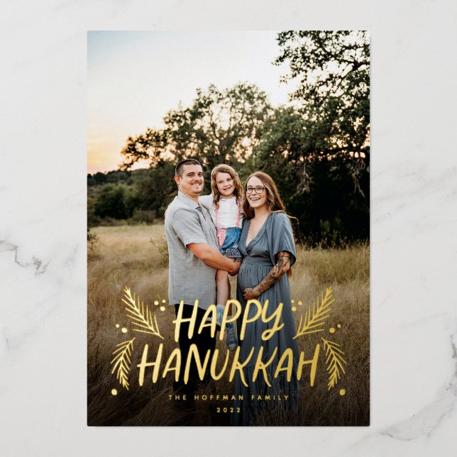 Happy Hanukkah Hand drawn Leaves Snow Photo Foil Holiday Card (Front)