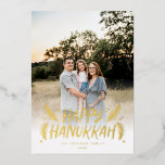 Happy Hanukkah Hand drawn Leaves Snow Photo Foil Holiday Card<br><div class="desc">Stylish,  elegant and personalised; featuring your photo with handwritten styled type accented by hand drawn pine leaves and berries. The back features a festive snow pattern.</div>