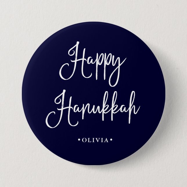 Happy Hanukkah | Handwritten Script on Navy Blue 7.5 Cm Round Badge (Front)