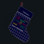 HAPPY HANUKKAH Hebrew Love Joy Peace DARK BLUE Small Christmas Stocking<br><div class="desc">Dark blue HAPPY HANUKKAH stocking with silver coloured Star of David pattern and LOVE JOY PEACE written in English and Hebrew. The placeholder greeting and name are customisable so you can add your name or change the greeting. Same design on the reverse. Ideal way to present your small Hanukkah gifts....</div>