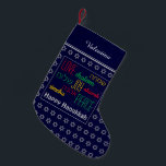 HAPPY HANUKKAH Hebrew Love Joy Peace DARK BLUE Small Christmas Stocking<br><div class="desc">Dark blue HAPPY HANUKKAH stocking with silver coloured Star of David pattern and LOVE JOY PEACE written in English and Hebrew. The placeholder greeting and name are customisable so you can add your name or change the greeting. Same design on the reverse. Ideal way to present your small Hanukkah gifts....</div>