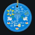 Happy Hanukkah  Holiday Ceramic Tree Decoration<br><div class="desc">Happy Hanukkah! Celebrate Hanukkah  this year with beautiful holiday design. Navy blue background with white Menorah and another Hanukkah items.</div>