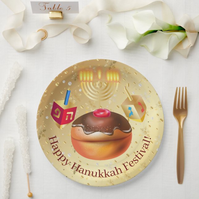 Happy Hanukkah Holiday Doughnuts and Menorah Gold Paper Plate (Wedding)