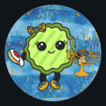 Happy Hanukkah Holiday Pickle   Classic Round Sticker<br><div class="desc">Cute holiday pickle all decked out for Hanukkah. Collect all our funny holiday pickles!</div>
