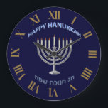 Happy Hanukkah in English and Hebrew Large Clock<br><div class="desc">Happy Hanukkah in English and Hebrew Clock.</div>