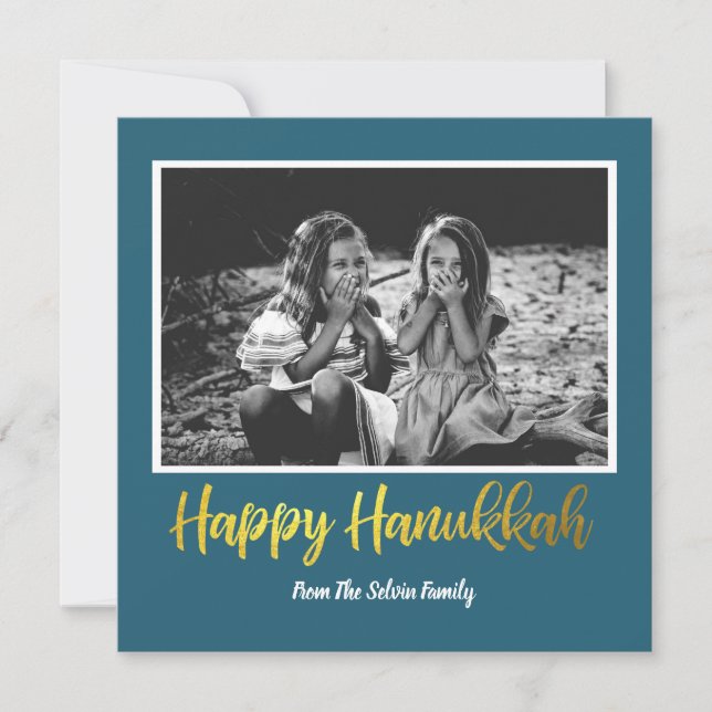 Happy Hanukkah in Teal Blue and Faux Gold Photo Holiday Card (Front)