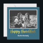 Happy Hanukkah in Teal Blue and Faux Gold Photo Holiday Card<br><div class="desc">Say Happy Hanukkah with this simple photo card in faux gold and dark teal blue. The background colour can be changed by clicking the customise button.</div>