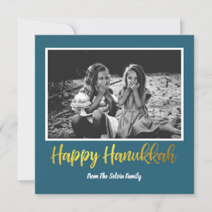 Happy Hanukkah in Teal Blue and Faux Gold Photo Holiday Card