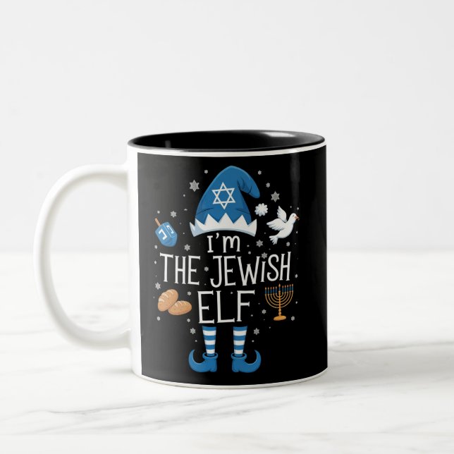 Happy Hanukkah Jewish Elf Family Group Christmas  Two-Tone Coffee Mug (Left)