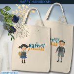 Happy Hanukkah Jewish Girl & Boy Tote Bag<br><div class="desc">Have fun with this cute tote bag featuring a Jewish girl and a boy dressed in Jewish-inspired blue-toned clothing. 
Check our collection for great Hanukkah t-shirts with this design and also other beautiful items inspired by the Hanukkah Holiday,  decorative items including postcards,  invitations,  and Hanukkah holiday cards. Happy Hanukkah!</div>