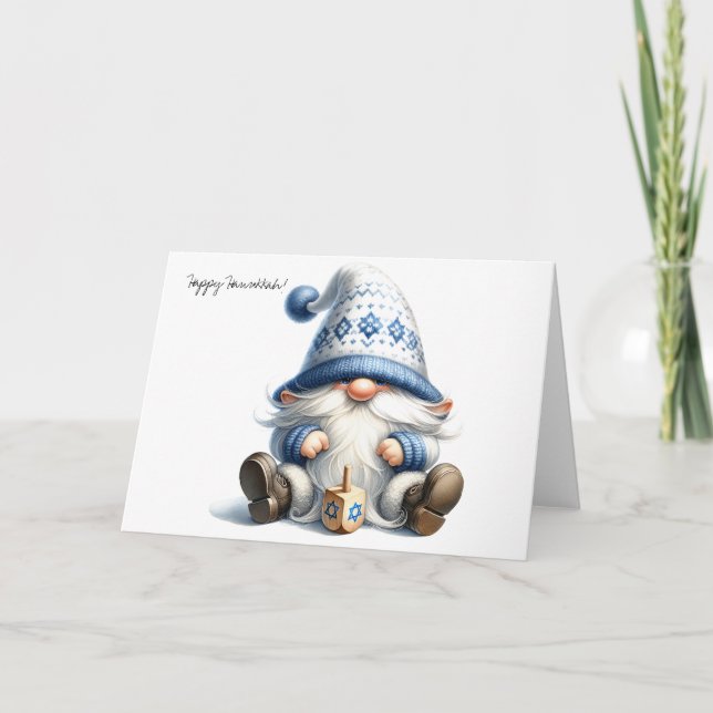 Happy Hanukkah Jewish Gnome with Dreidel Card (Front)