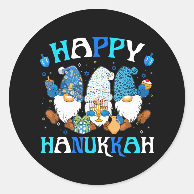 Happy Hanukkah Jewish Gnomes Family Group Classic Round Sticker (Front)