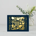 Happy Hanukkah Jewish Greeting Foil Holiday Card<br><div class="desc">Happy Hanukkah / Chanukah Modern Geometric Holiday Greetings in Real Gold Foil on Dark Navy. Menorah, Dreidel, Doughnuts, Stars & Olive oil... They are all here. Jewish Hanukkah Symbols Space to add your personalised text on the front & reverse. Happy Hanukkah wishes. This upscale, beautiful, look, is a great way...</div>