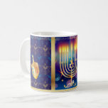 Happy Hanukkah Jewish Holiday Beautiful Coffee Mug<br><div class="desc">Happy Hanukkah Beautiful Jewish Holiday Coffee Mug & Cup Design. Jewish Holiday Hanukkah background with traditional Chanukah symbols - wooden dreidels (spinning top),  doughnuts,  menorah,  candles,  star of David and glowing lights wallpaper,  decorative pattern for Home,  Kitchen & Dining,  Drinkware,  Mugs & Cups. Hanukkah Festival Decoration. Judaica. Jerusalem,  Israel.</div>