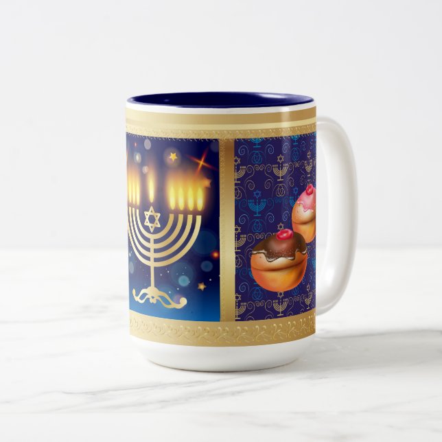 Happy Hanukkah Jewish Holiday Beautiful Two-Tone Coffee Mug (Front Right)