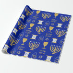 Happy Hanukkah Jewish Holiday Wrapping Paper<br><div class="desc">An elegant Happy Hanukkah pattern of Jewish symbols of menorah,  star of David, scroll,  in gold on a dark blue background wrapping paper. A stylish gift for Jews friends and family this holiday season.</div>