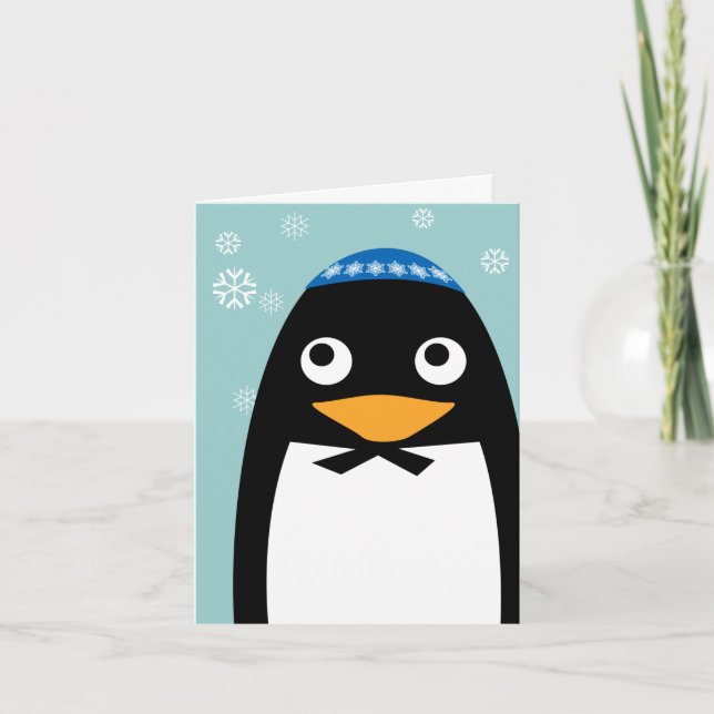 Happy Hanukkah Jewish Penguin Yarmulke Holiday Card (Front)