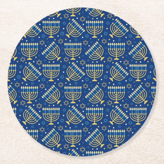Happy Hanukkah Jewish Star Menorah Blue Chanukah Round Paper Coaster (Front)