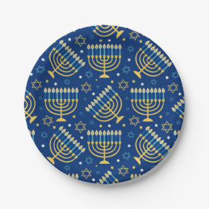 Happy Hanukkah Jewish Star Menorah Blue Paper Plat Paper Plate