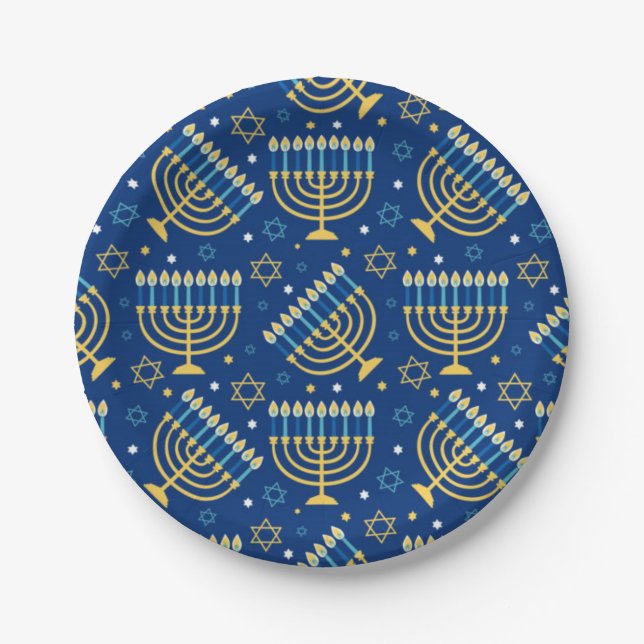 Happy Hanukkah Jewish Star Menorah Blue Paper Plat Paper Plate (Front)