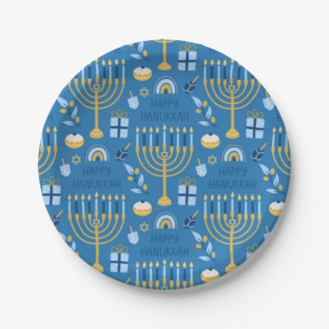 Happy Hanukkah Jewish Star Menorah Blue  Paper Plate (Front)