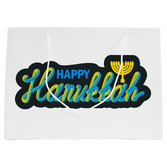 Happy Hanukkah Large Gift Bag (A white paper gift bag with a Hanukkah graphic is shown. )