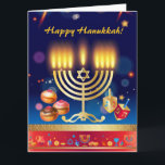 Happy Hanukkah Lights Jewish Holiday Gold Card<br><div class="desc">Happy Hanukkah Beautiful Jewish Holiday Greeting Card. Jewish Holiday Hanukkah background with traditional Chanukah symbols - Gold Menorah, Hanukkiah Candelabrum and Candles, wooden dreidels (spinning top), doughnuts, star of David and glowing lights wallpaper pattern. Hanukkah Festival Decoration. Jerusalem, Israel. Invitations & Stationery, Greeting Cards, Postcards, beautiful card design with text...</div>