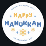 "Happy Hanukkah" Love and Light Classic Round Sticker<br><div class="desc">Festive personalised Hanukkah design.</div>