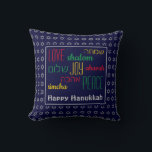 HAPPY HANUKKAH Love Joy Peace BLUE Cushion<br><div class="desc">Colourful festive pillow with faux silver Star of David in subtle background pattern. LOVE JOY PEACE including Hebrew translations are colour-coded in red,  yellow and green. Text is customisable in case you wish to change anything. HAPPY HANUKKAH is also customisable. Part of the HANUKKAH Collection.</div>