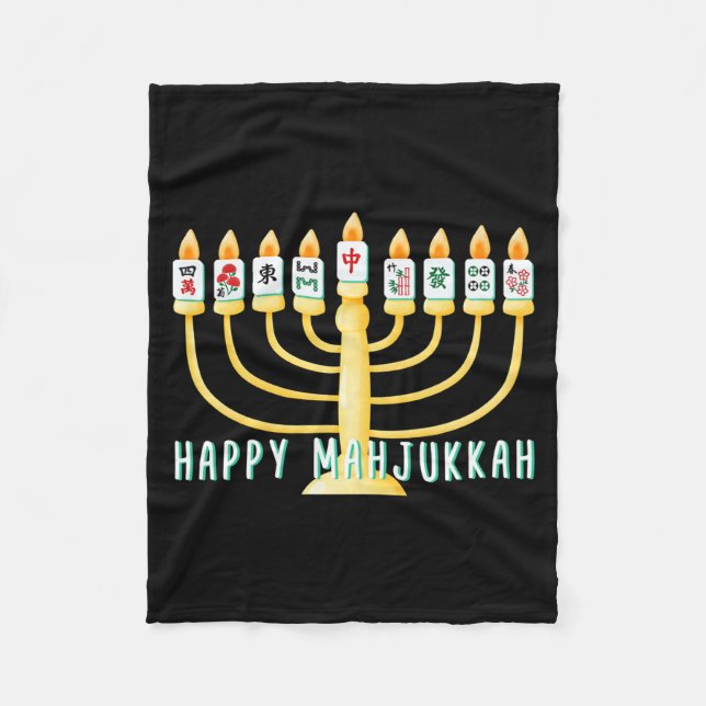 Happy Hanukkah Mahjong Menorah Mahjukkah Chanukkah Fleece Blanket (Front)