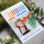 Happy Hanukkah Making Spirits Bright Photo<br><div class="desc">This holidays design features colourful candles with the modern text "Happy Hanukkah" in orange and blue typography. Add your favourite photo and text below (shown here as a Hanukkah Birth Announcement with baby's name) and the text "making spirits bright". The reverse is a solid blue. #hanukkah #chanukah #baby #birth #announcement...</div>
