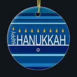 Happy Hanukkah Menorah and Dreidels Ceramic Ornam Ceramic Tree Decoration<br><div class="desc">Celebrate eight days and eight nights of the Festival of Lights with Hanukkah cards and gifts. The festival of lights is here. Light the menorah, play with the dreidel and feast on latkes and sufganiyots. Celebrate the spirit of Hanukkah with friends, family and loved ones by wishing them Happy Hanukkah....</div>