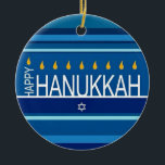 Happy Hanukkah Menorah and Dreidels  Ceramic Ornam Tree Decoration<br><div class="desc">Celebrate eight days and eight nights of the Festival of Lights with Hanukkah cards and gifts. The festival of lights is here. Light the menorah, play with the dreidel and feast on latkes and sufganiyots. Celebrate the spirit of Hanukkah with friends, family and loved ones by wishing them Happy Hanukkah....</div>