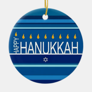 Happy Hanukkah Menorah and Dreidels  Ceramic Ornam Tree Decoration