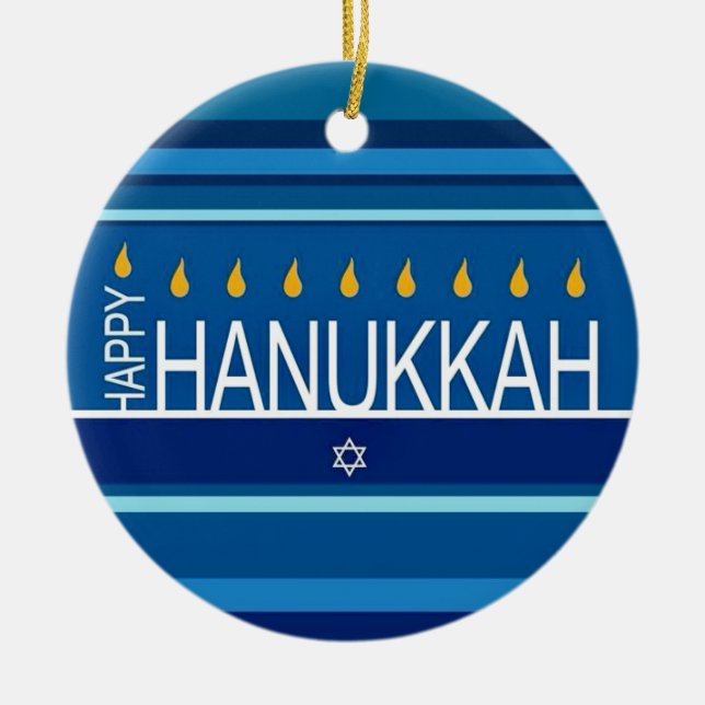 Happy Hanukkah Menorah and Dreidels  Ceramic Ornam Tree Decoration (Front)