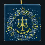 Happy Hanukkah Menorah and Dreidels Ceramic Orname Ceramic Ornament<br><div class="desc">Celebrate eight days and eight nights of the Festival of Lights with Hanukkah cards and gifts. The festival of lights is here. Light the menorah, play with the dreidel and feast on latkes and sufganiyots. Celebrate the spirit of Hanukkah with friends, family and loved ones by wishing them Happy Hanukkah....</div>