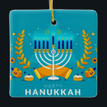 Happy Hanukkah Menorah and Dreidels Ceramic Ornament<br><div class="desc">.Celebrate eight days and eight nights of the Festival of Lights with Hanukkah cards and gifts. The festival of lights is here. Light the menorah, play with the dreidel and feast on latkes and sufganiyots. Celebrate the spirit of Hanukkah with friends, family and loved ones by wishing them Happy Hanukkah....</div>