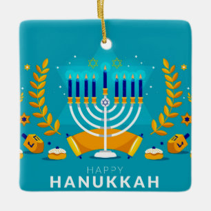 Happy Hanukkah Menorah and Dreidels  Ceramic Ornament