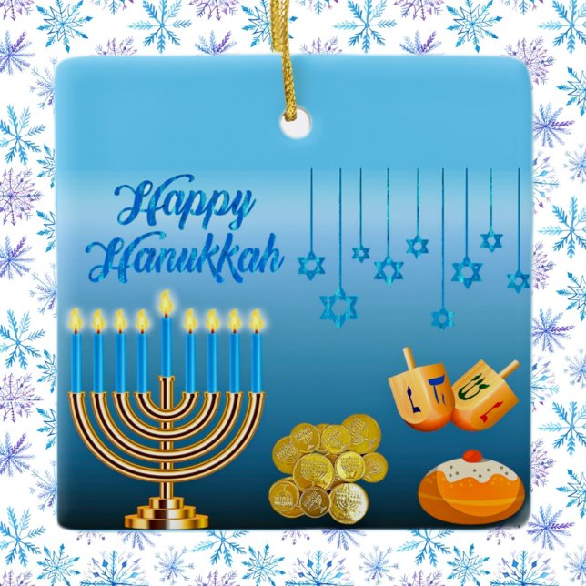 Happy Hanukkah Menorah and Dreidels Ceramic Ornament (Creator Uploaded)