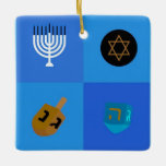 Happy Hanukkah Menorah and Dreidels Ceramic Ornament<br><div class="desc">.Celebrate eight days and eight nights of the Festival of Lights with Hanukkah cards and gifts. The festival of lights is here. Light the menorah, play with the dreidel and feast on latkes and sufganiyots. Celebrate the spirit of Hanukkah with friends, family and loved ones by wishing them Happy Hanukkah....</div>