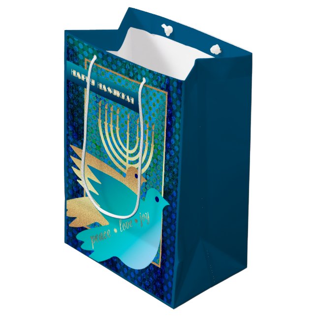 Happy Hanukkah. Menorah and Peace Doves  Medium Gift Bag (Front Angled)
