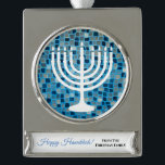 Happy Hanukkah Menorah Blue Mosaic Ornament<br><div class="desc">Send a Happy Hanukkah ornament to all your friends and loved ones.  Add your name to this beautiful keepsake ornament featuring the 9 branch Menorah (Chanukiah) on a blue mosaic tile background.</div>