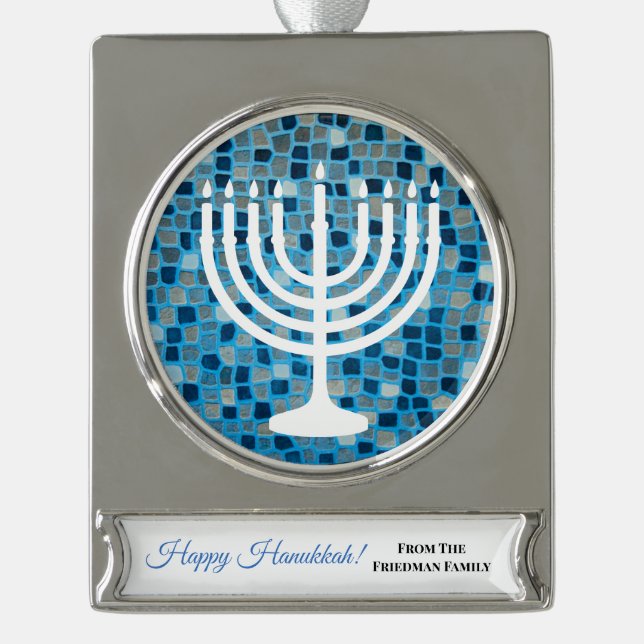 Happy Hanukkah Menorah Blue Mosaic Ornament (Front)