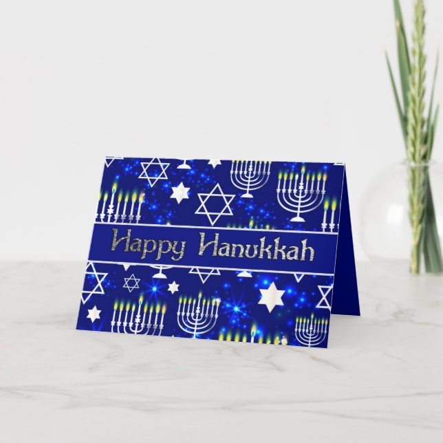 Happy Hanukkah Menorah Blue & Silver Holiday Card (Front)