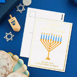Happy Hanukkah Menorah Chic Personalised Gold Foil Holiday Postcard<br><div class="desc">Cute custom Happy Hanukkah postcard in elegant gold foil for a Jewish family or a Chanukah party with a synagogue. Personalise with your own last name or group information under the pretty blue menorah.</div>