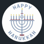 Happy Hanukkah Menorah Classic Round Sticker<br><div class="desc">These pretty stickers have a menorah and the words "Happy Hanukkah." See the matching party invitations here: https://www.zazzle.com/hanukkah_party_funny_whole_latke_fun_invitation-256781977102628379</div>