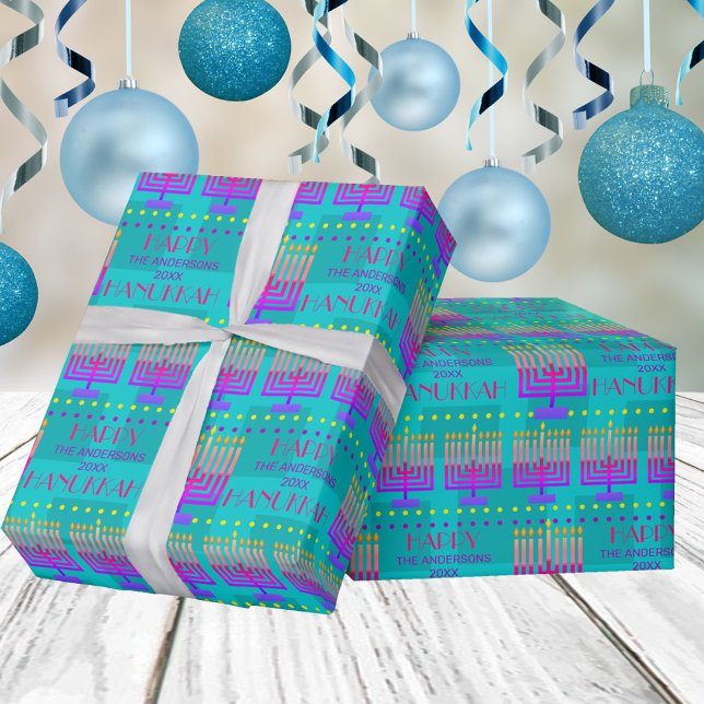 Happy Hanukkah Menorah Colourful Turquoise Pattern Wrapping Paper (Creator Uploaded)