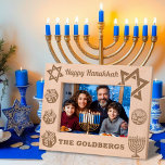 Happy Hanukkah Menorah, Dreidel, Gelt Custom Name Etched Frames<br><div class="desc">Celebrate the Festival of Lights with this beautifully laser-etched wood picture frame, designed to honour the joy and traditions of Hanukkah! Featuring the phrase “Happy Hanukkah”at the top, this frame is adorned with meaningful symbols, including a menorah, dreidels, gelt, and the Star of David, bringing a warm and festive touch...</div>