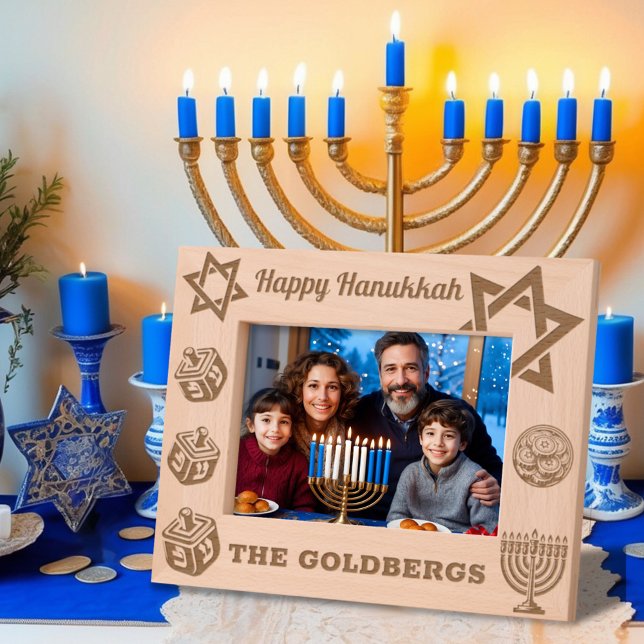 Happy Hanukkah Menorah, Dreidel, Gelt Custom Name Etched Frames (Creator Uploaded)